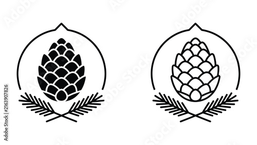 Картината върху платно Pine Cone Emblem with Fir Branch: A graphic symbol featuring a detailed pine cone encased in a circle, flanked by evergreen fir branches, presented in both solid black and outline styles