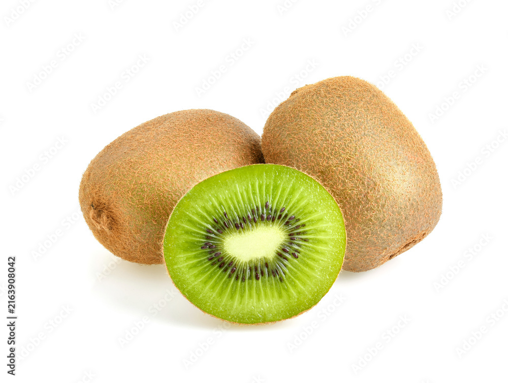 Fototapeta premium Whole kiwi fruit and his sliced segments isolated on white
