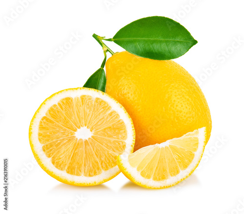 Lemon lime fruit with green leaves isolated on white background.