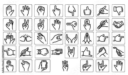 Set of hand gesture outline icons showing different communication signs and pointing poses with hand gestures finger signs human hands gesture symbols line art vector set hand signals