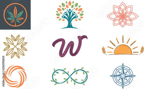 Abstract Vector Wellness Logo Icons Set Featuring Cannabis Leaf, Human Tree Community, Lotus Flower, Cursive Letter W, Sunrise Wheat, Compass, and Infinity Vine Symbols