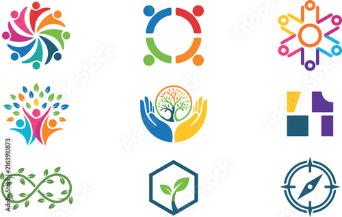 Colorful Abstract Vector Logo Icons Set Featuring Human Community, Nature Care, Infinity Leaves, Compass, Geometric Shapes for Corporate Branding, Charity, and Business Designs