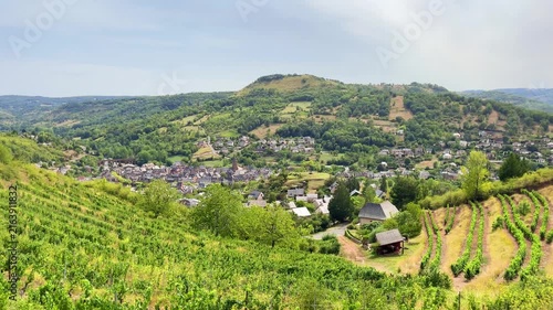 panoramic view of hillside vineyard overlooking rural valley village landscape, Aveyron, Marcillac Vallon in France