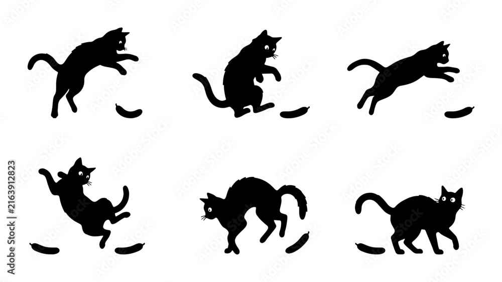 Obraz premium Black Cat Silhouettes, Dynamic Poses, Vector Icons Set: Playful Feline Actions, Jumping, Pouncing, Curious, Alert, Graphic Elements for Pet Lovers, Animal Graphics