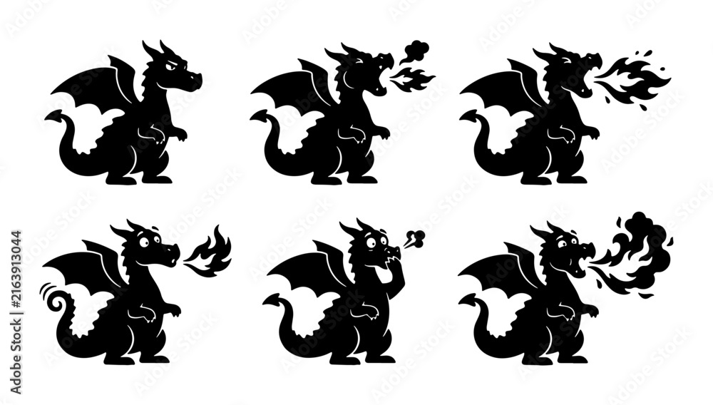 Obraz premium Six Black Silhouette Dragon Icons, Mythical Creature Vector Set, Fantasy Beast Illustrations, Fire Breathing Monster Graphics
