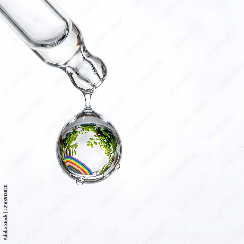 Fototapeta premium Glass pipette releasing water droplet reflecting green nature forest and rainbow
