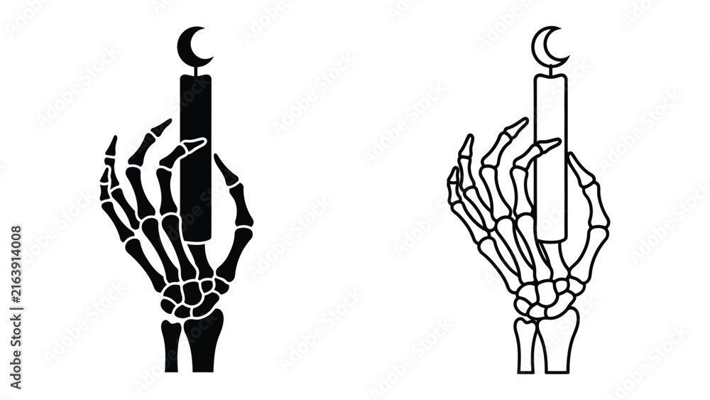 Fototapeta premium Skeleton Hand Holding a Crescent Moon Candle: A detailed illustration of a skeleton hand clutches a tall candle topped with a crescent moon, symbolizing mystery, magic, and the nocturnal hours.