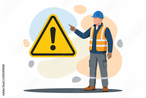 Construction worker pointing at a warning sign for safety awareness