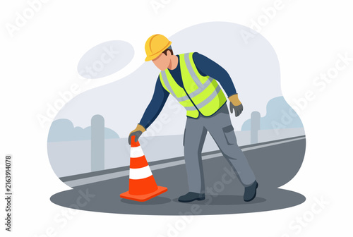 Construction worker placing safety traffic cone on road illustration