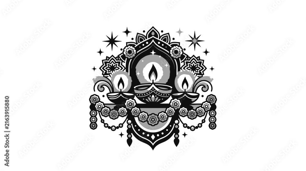 Fototapeta premium Intricate Diwali diya lamps with stars and floral ornaments.