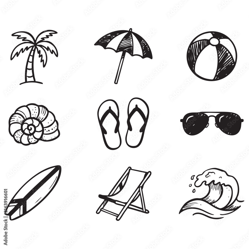 Fototapeta premium Hand Drawn Summer Beach Icons Collection Seashell Sunglasses Deck Chair Wave Line Art