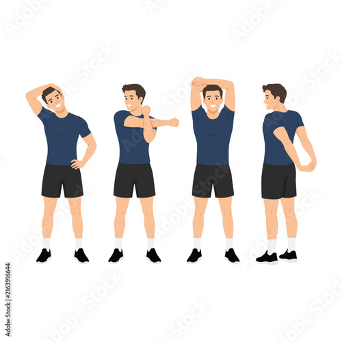 Man Performing Four Standing Upper Body Stretching Exercises. Flat vector illustration isolated on white background