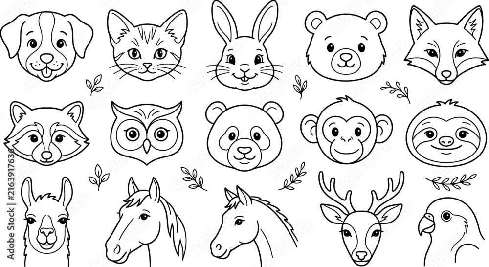 Naklejka premium Cute animal faces coloring page vector set featuring simple line art icons of friendly woodland and domestic creatures