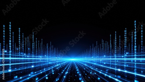 Obraz na płótnie Binary code and data stream flow through digital space for high speed network and artificial intelligence