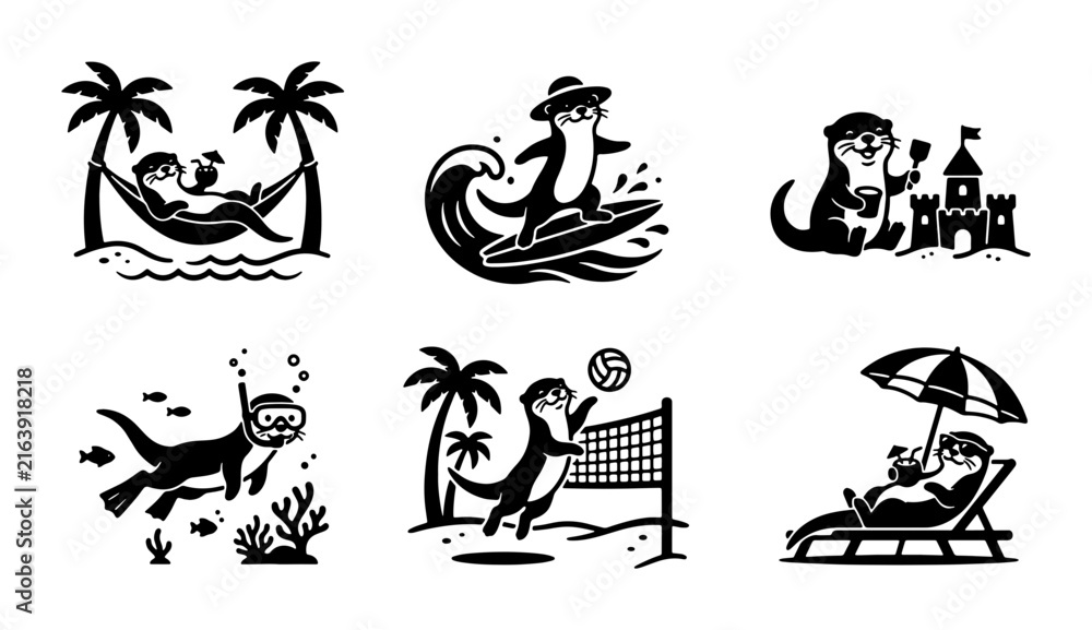 Obraz premium Cute Otter Beach Vacation Set, Summer Holiday Icons, Tropical Palm Trees, Ocean Waves, Snorkeling, Volleyball, Hammock, Sunbathing, Sandcastle Fun