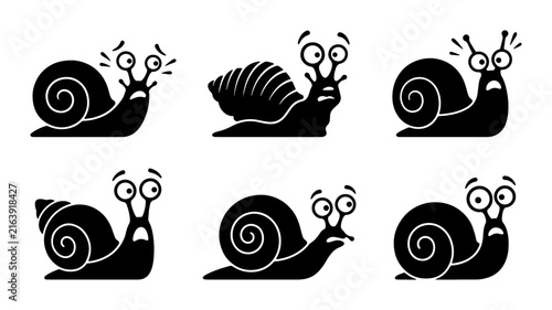 Canvas Print Set of Six Black Snail Icons with Expressive Faces, Vector Graphics for Emotion