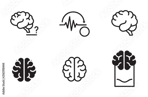 Human brain anatomy and neurology icons including lateral views cerebral hemisphere top down symmetry and medical diagnostic symbols for cognitive health research and neuroscience.