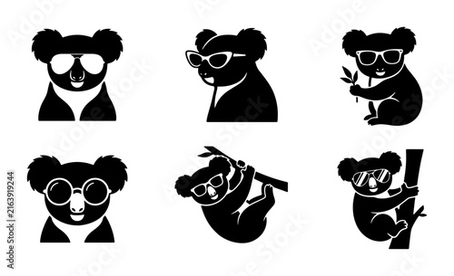 Photography Cool Koala Icons Set, Vector Graphics of Adorable Animals Wearing Sunglasses, Cu