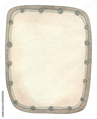 Watercolor frame with hand drawn textured border and decorative circles on beige background for text template. Illustration for greeting cards, invitations, product branding, web templates, packaging