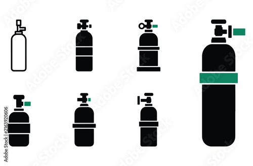 Variety of industrial gas cylinder icons including pressurized tanks for oxygen nitrogen and specialty welding gases depicted in clean minimalist vector art style silhouettes.