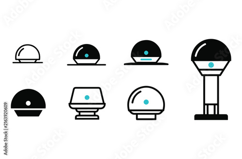 Various dome and tower shaped objects in black and blue designs representing futuristic technology or abstract architectural elements for modern design concepts.