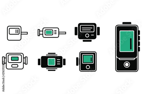 Various medical devices and health monitoring equipment icons on transparent background, collection of health technology symbols.
