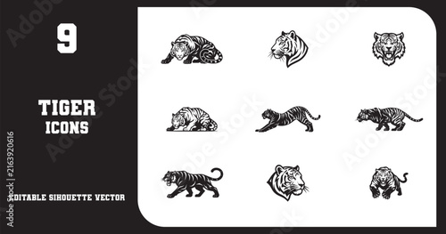 Tiger mascot vector silhouette icons featuring powerful stalking and pouncing poses for sports branding and wildlife conservation logo design projects with detailed artistic rendering.