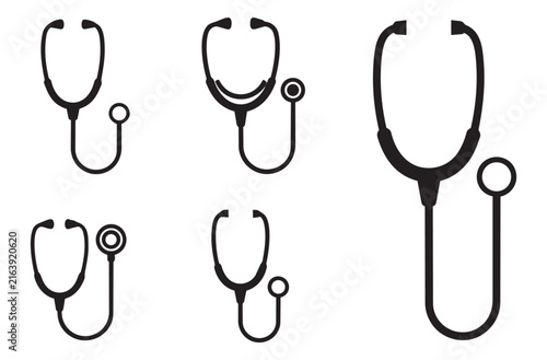 Various stethoscope designs as silhouette icons, representing medical diagnostics and healthcare professions for clinic or hospital related graphics.