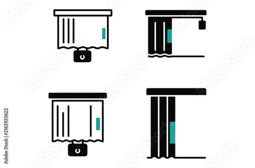 Window blinds and curtains set with teal accent color, interior design elements for home or office on transparent background.