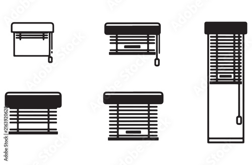 Window blinds and louvers silhouette icons set showing various open and closed states for interior home office decoration and light control solutions for modern architectural designs.