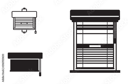 Window blinds and sun shade shutter icons including roll up office curtains and vertical slats for interior design architecture visualization and residential property management.
