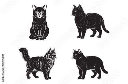 Black silhouette cat illustration set featuring feline pets in various standing and sitting poses perfect for veterinary logos animal care branding and pet owner graphic design assets.