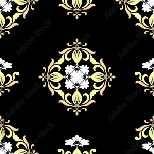 Black and White Floral Background with Elegant Golden Ornament, Vintage Victorian Pattern, Ornate Decorative Frame and Seamless Vector Design