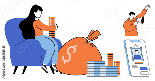 Woman sitting with money bags and coins vector illustration. Wealth management, financial growth, investment strategy, savings planning, capital accumulation, banking services. Investor holding