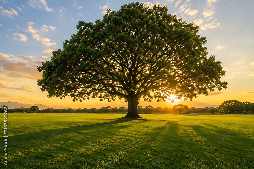 Naklejka premium Large tree in green meadow at sunset