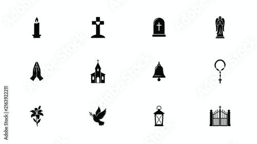 Obraz na plátně Minimalist black religious symbols set with spiritual icons with arranged grid v