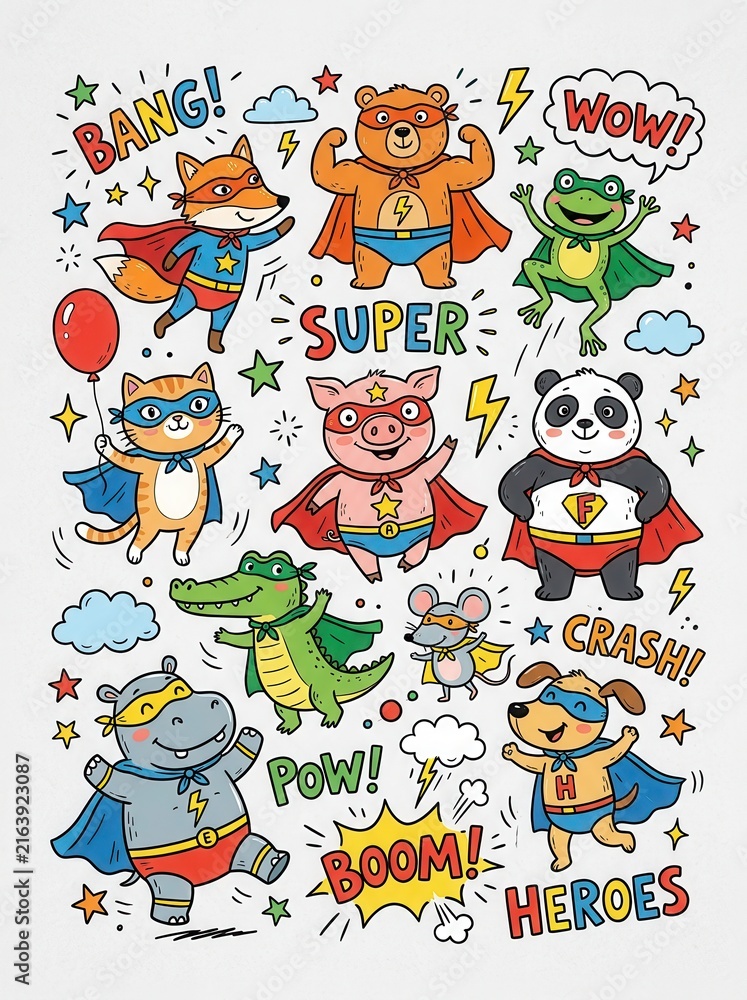 Naklejka premium Cute Cartoon Superhero Animals Collection with Comic Sound Effects and Doodles for Kids Illustration