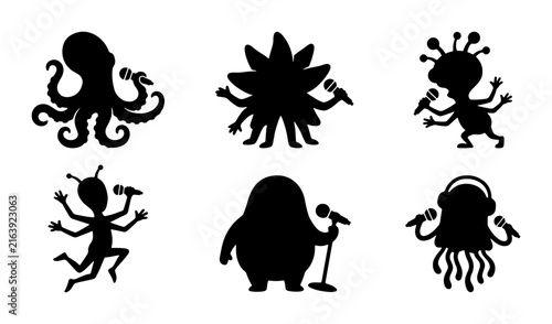 Photography Whimsical Silhouette Monsters Singing, 6 Unique Alien Characters with Microphone