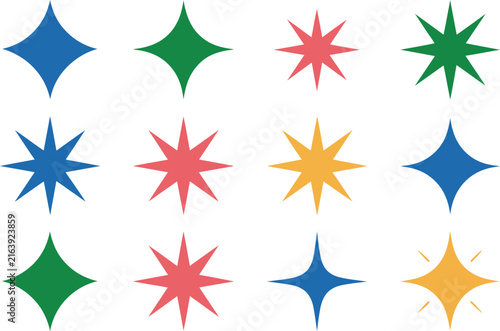 Colorful star icons arranged in a grid featuring flat design shapes for modern digital graphic projects on white background
