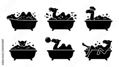 Photography Whimsical Camel Bath Time Silhouettes, Six Playful Scenes of Camels Enjoying Bat