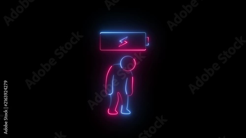 Glowing blue pink neon tired man low battery animation icon. Burnout stress fatigue concept in seamless loop. 4K motion graphic.