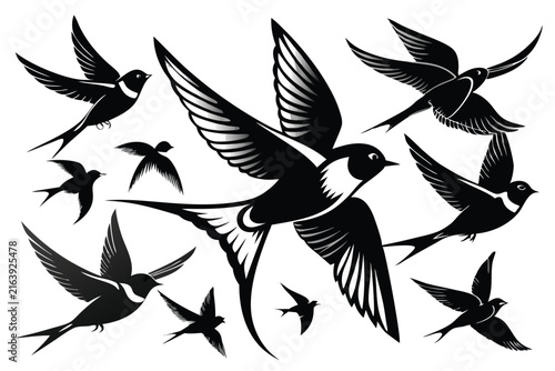 Artistic silhouette depiction of several flying swallows in different flight positions