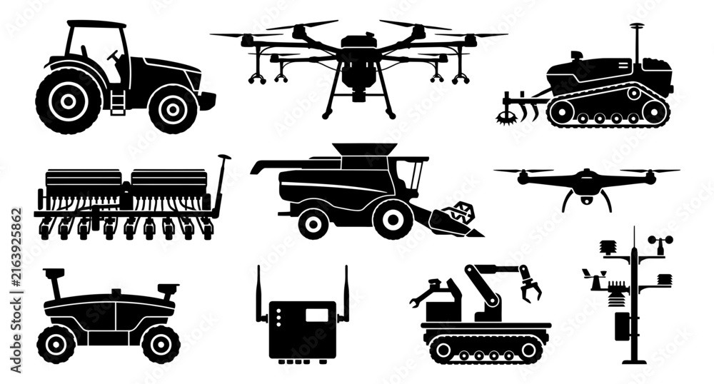 Fototapeta premium Smart Agriculture and Smart Farming Technology Silhouette Vector Set