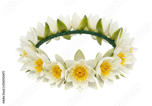 Delicate white lotus flower garland against a pure background isolated white background