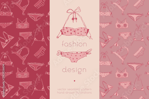 Vector set with hand drawn lingerie and swimwear patterns in pink and burgundy tones for textile design, fashion branding, packaging, apparel, wallpaper and beachwear projects.