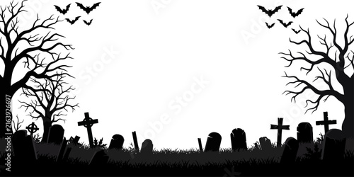 Canvastavla Silhouette of bare trees tombstones and bats against a white background creates a spooky scene