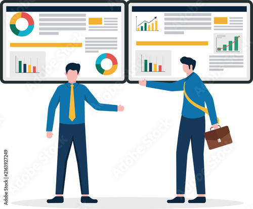 Professionals reviewing financial dashboards and analytics on double screen monitors