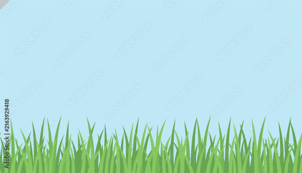 Fototapeta premium Simple springtime vector illustration of lush green grass blades under a clear light blue sky background.