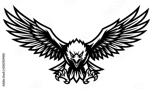 Dynamic flying eagle mascot with spread wings sports emblem black and white vector illustration