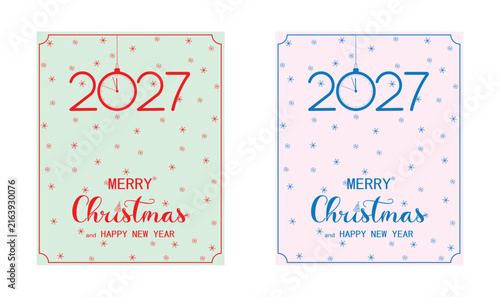 Happy New Year 2027 greeting cards with festive snowflakes and a clock, presented in two different color schemes. Perfect for both digital and print use
